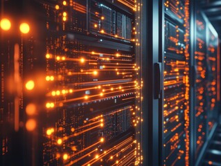 Glowing Orange Data Center Servers on Dark Circuit Board