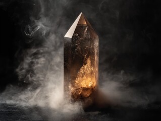 Glowing Smoky Quartz Crystal Point with Smoke on Dark Background