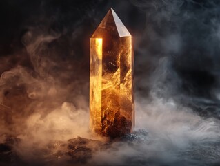Glowing Smoky Quartz Crystal Point with Smoke on Dark Background