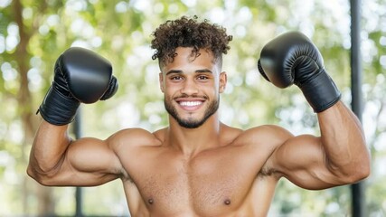 Strong athlete flexing muscles with boxing gloves, showcasing outdoor fitness and strength vibrant