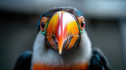 Obraz premium An intricate close-up of a vibrant toucan reveals its stunning beak and expressive eyes, showcasing the beauty and detail of this exotic bird in its natural environment.