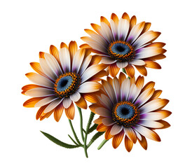 Cluster of orange and white african daisies in bloom isolated transparent background, png