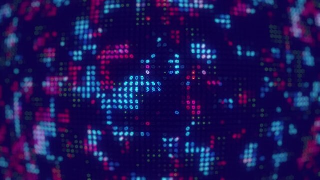 Hi tech motion graphic background, blue and red flickering dots on dark background