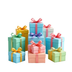 Fototapeta premium Colorful Gift Boxes with Ribbons Stacked Together on a White Background for Celebratory Occasions