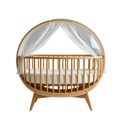 Modern round crib with white canopy for stylish baby nursery decor and comfort in wood tones and soft bedding