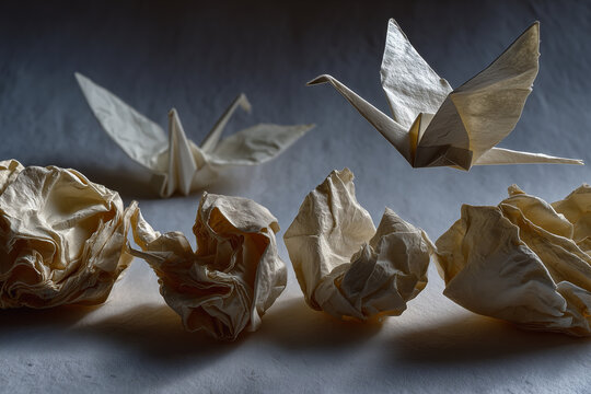 Transformation of crumpled paper into origami crane sequence