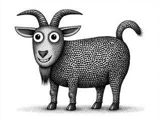Cartoon Goat With Small Arched Horns and a Distinctive Black and White Design Standing in Plain Background