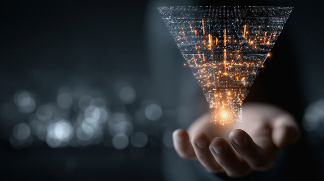 Hands present a marketing funnel with digital data overlay