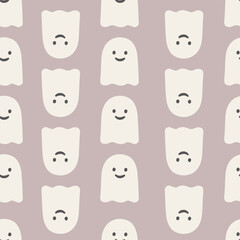 Cute ghost face seamless vector pattern in cream and mauve tones for Halloween kids textiles decor