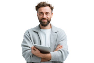 Adult man smiling while holding tablet with crossed arms indoors