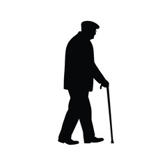 Silhouette of Elderly Man Walking with Cane A Vector Illustration