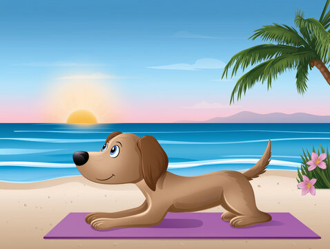 Cartoon Dog Enjoys Yoga on a Beach Mat as the Sun Rises Over the Ocean With Palm Trees in the Background