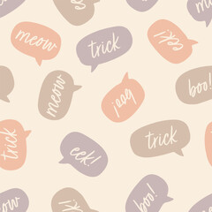 Pastel Halloween speech bubble seamless vector pattern with spooky text for kids and seasonal design