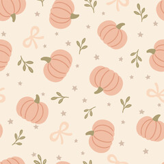 Pumpkin and foliage seamless vector pattern in soft peach and beige for fall kids fabric and decor