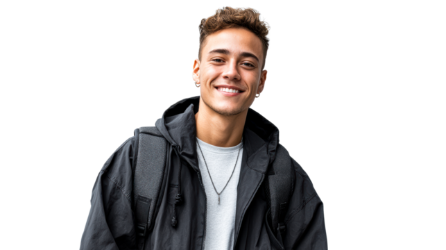 Young man in casual outfit and backpack, smiling on clear bg