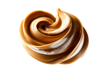 Creamy swirled caramel dessert topping on a clear background