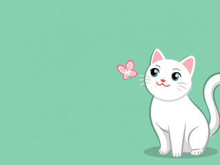 Obraz premium White Cat Plays With a Butterfly in a Colorful Cartoon Setting Featuring a Playful Atmosphere