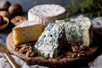 Assorted Mold-Ripened Cheeses on Rustic Board with Figs, Walnuts, and Thyme