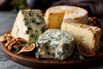 Assorted Mold-Ripened Cheeses on Rustic Board with Figs, Walnuts, and Thyme