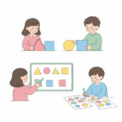 Cute Hand Drawn Children Playing with Shapes Educational Illustration