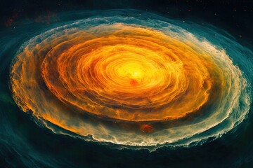 Fiery nebula in space with concentric orange and yellow layers surrounded by a teal cloud and distant stars.
