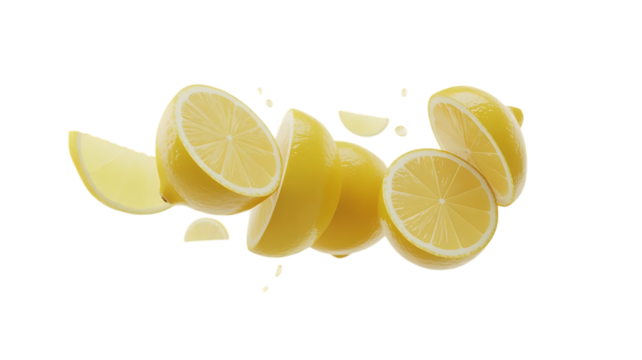 Flying lemon slices isolated on transparent background isolated on white background