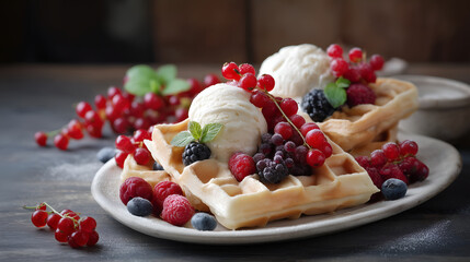 Traditional Belgian waffles with ice cream and berry fruits, homemade healthy breakfast
