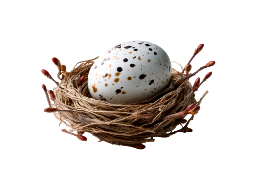 Beautiful speckled egg resting in a cozy nest with twigs
