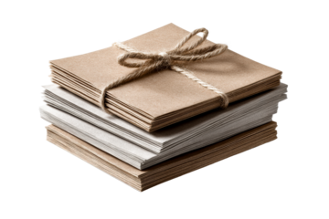 Stacks of brown and gray paper tied together with twine