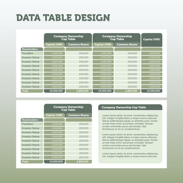 Data Table Design Template with Placeholder Text, Columns, and Rows for Business or Financial Presentations, Customizable Design for Reports and Charts