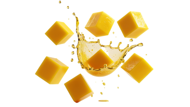 Golden cubes splashing in juice isolated on transparent background isolated on white background