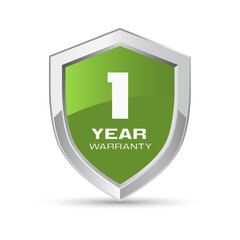 1 year warranty silver metal shield in green color. One year warranty shield vector illustration. Metallic security badge.