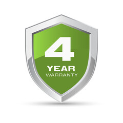 4 year warranty silver metal shield in green color. Four year warranty shield vector illustration. Metallic security badge.