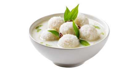 Delicious Thai Sticky Rice Balls in Creamy Coconut Milk Served in a Bowl with Fresh Mint Leaves and Red Beans for a Flavorful Dessert Experience