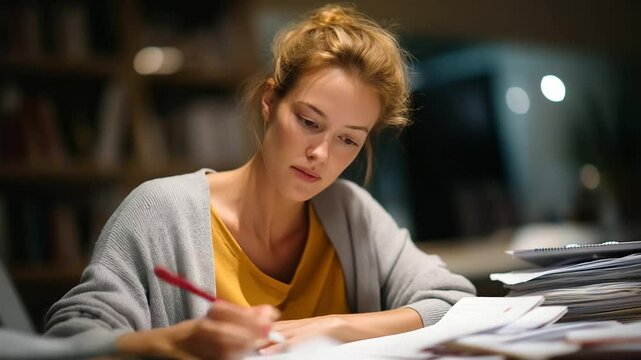 A teacher grading papers with a red pen and soft ambient light