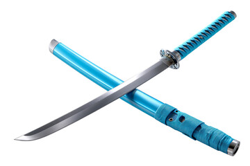 A striking blue katana with a curved blade rests beside its scabbard