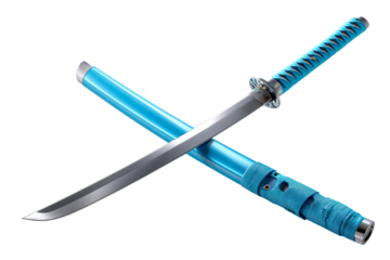 A striking blue katana with a curved blade rests beside its scabbard