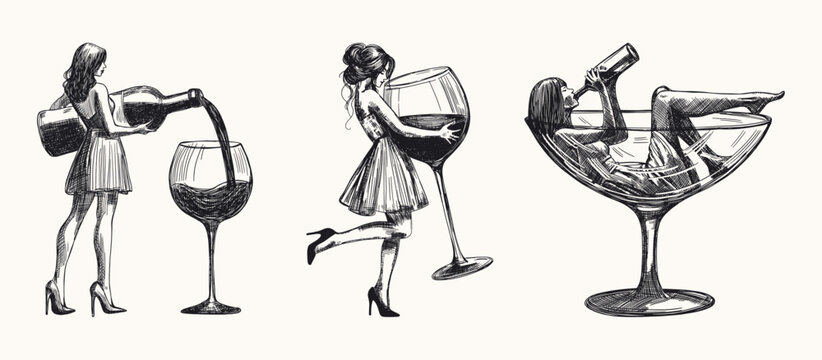 woman interacting with oversized wine glass bottle sketch set isolated black white illustration pouring lounging inside goblet while drinking poster card design hand drawn line art vector element