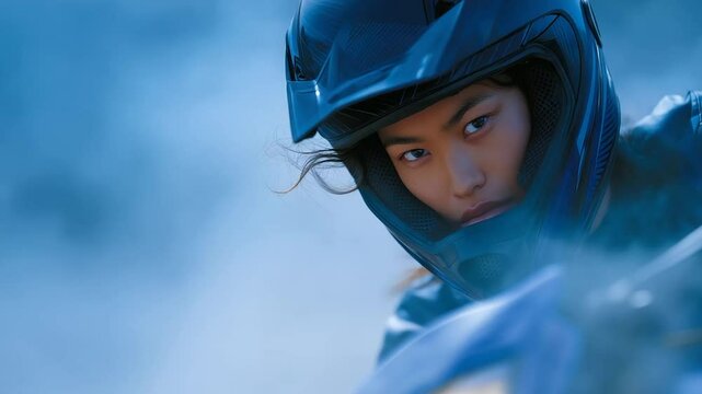 A young woman reacting to motorcycle revving on dusty road