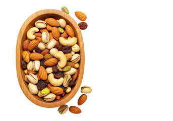 Wooden bowl filled with a mix of nuts and dried fruits on a dark solid color surface top view on transparent background
