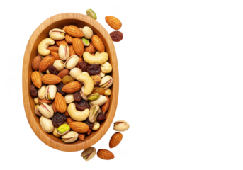 Wooden bowl filled with a mix of nuts and dried fruits on a dark solid color surface top view on transparent background