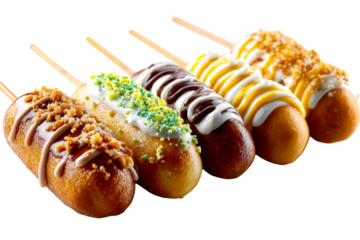 Variety of delicious corn dogs with toppings on clear background