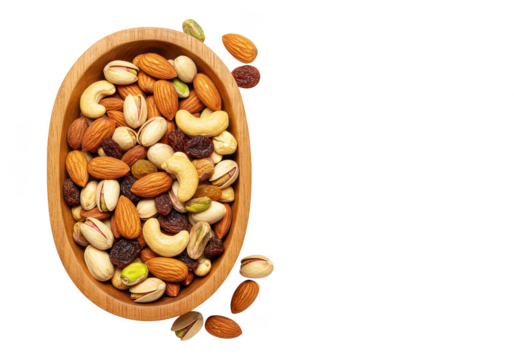 Wooden bowl filled with a mix of nuts and dried fruits on a dark solid color surface top view on transparent background
