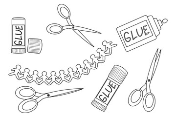 Coloring page with outline drawing of school supplies set with glue sticks, scissors and paper people cutouts. For entertaining kids activity, back to school black and white design, and DIY craft.