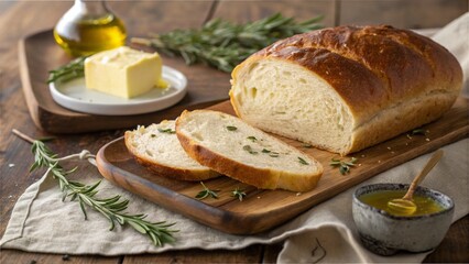 Fresh Bread Served with Butter Cheese and Olive Oil