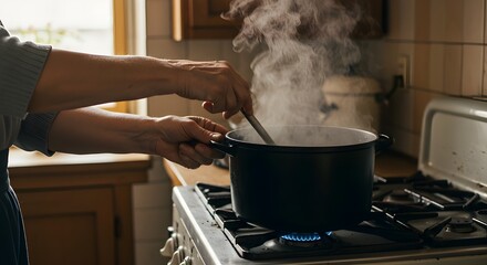 Close-up of a hand stirring soup in an old-fashioned stove, traditional cooking scene, rustic kitchen atmosphere, comfort food preparation, warm and nostalgic setting, soft natural light.