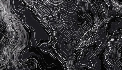 Obraz premium abstract black and white topographic wave line pattern with flowing elevation contours on dark background for modern web design, branding, wallpaper, or print media
