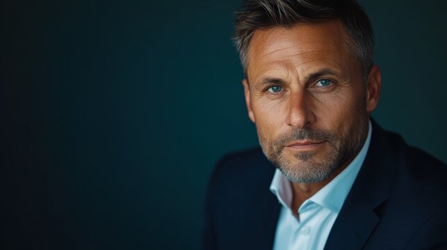 A striking portrait of a contemplative man with piercing blue eyes, conveying deep thoughts and emotions in a dramatic yet sophisticated manner against a dark backdrop.