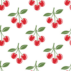 Vector Seamless Pattern with Cutout Cherry. Single, Pair of Cherries and Cluster of Cherries with Leaves , Repeated Print. Cherry Art, Design Template, Vector Illustration