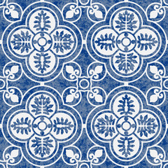 Vector seamless pattern of blue watercolor painted ornate mosaic on a white backdrop